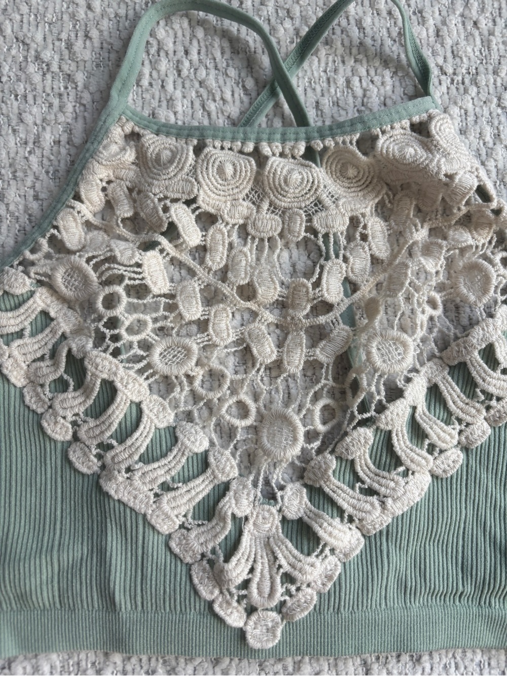 Three Bird Nest Sage Green Ribbed Halter Bralette with Cream Crochet - Picture 2 of 6
